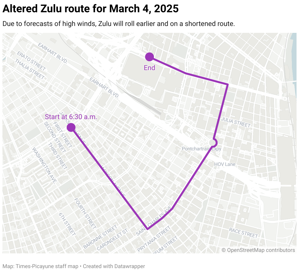 Zulu will roll starting at 7 a.m. on a shortened route. The parade will start rolling down Jackson Avenue from Claiborne Avenue before turning left on St. Charles Avenue, as it normally does. But it will turn left on Poydras Street and disband in front of the Caesars Superdome rather than continuing on into Treme.